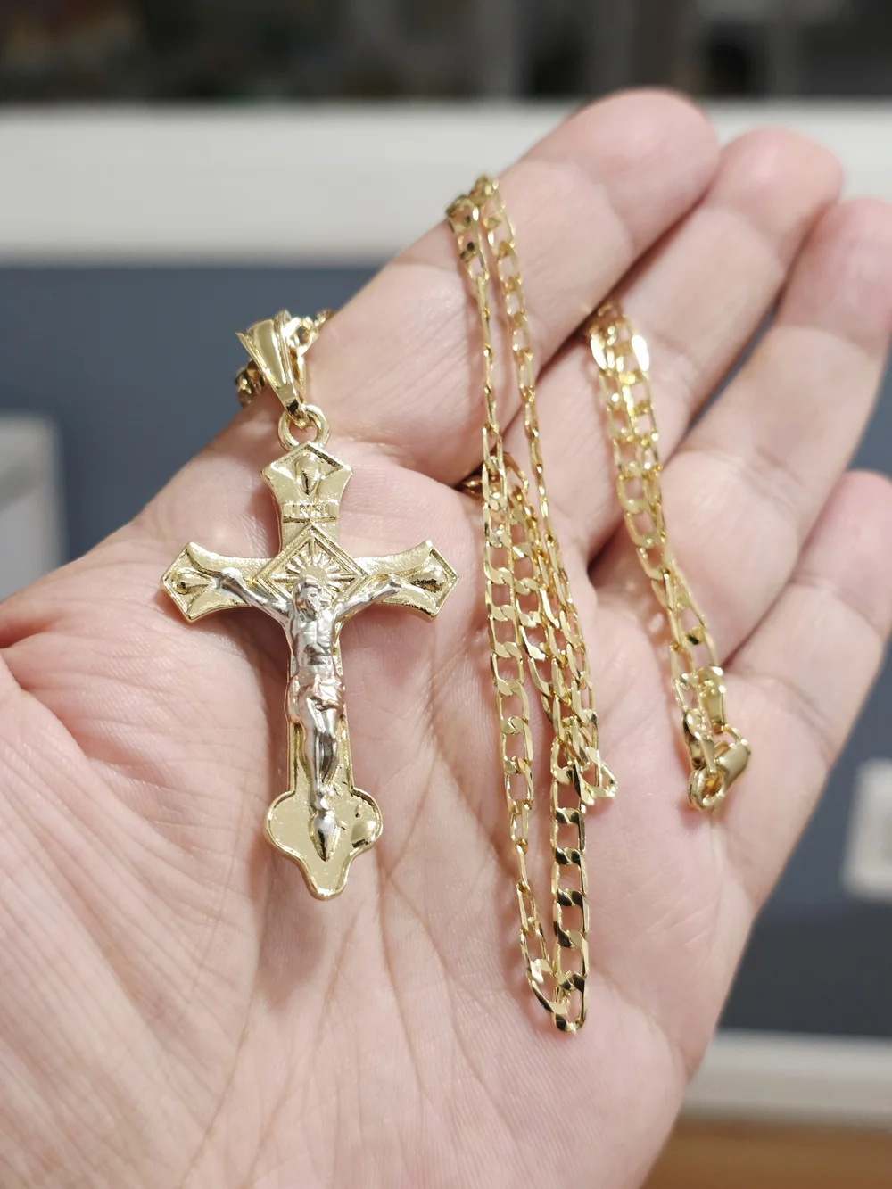 Two-Tone Gold Crucifix Pendant Necklace for Men - Gold and Silver Accent
